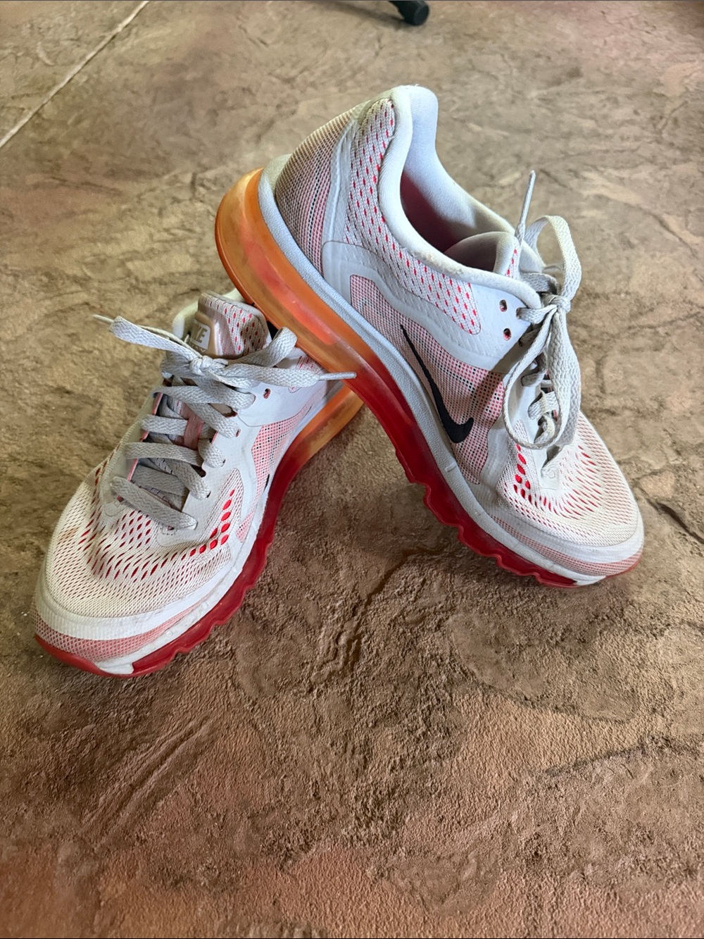 Nike Women's White Sneakers with Pink Accents and Orange Gradient Sole